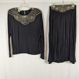 Jane Ashley Black Shirt Blouse Skirt Set Sequin Bead Vintage 80s Size Small S